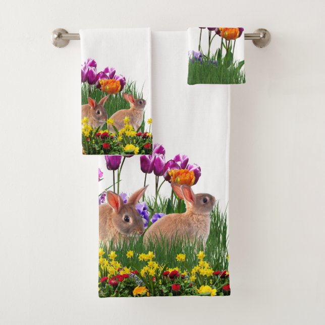 Easter Rabbits in Flower Garden Collage Bath Towel Set (Insitu)