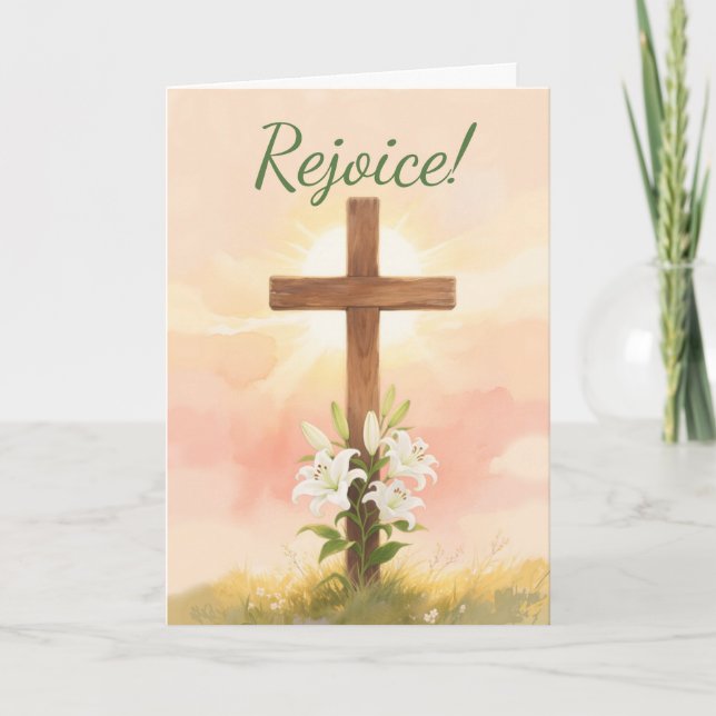 Easter Rejoice Cross and Lilies Christian Card (Front)