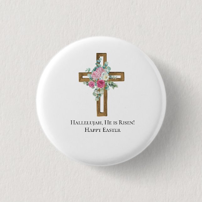 Easter Religious He is Risen Wood Cross Floral   3 Cm Round Badge (Front)