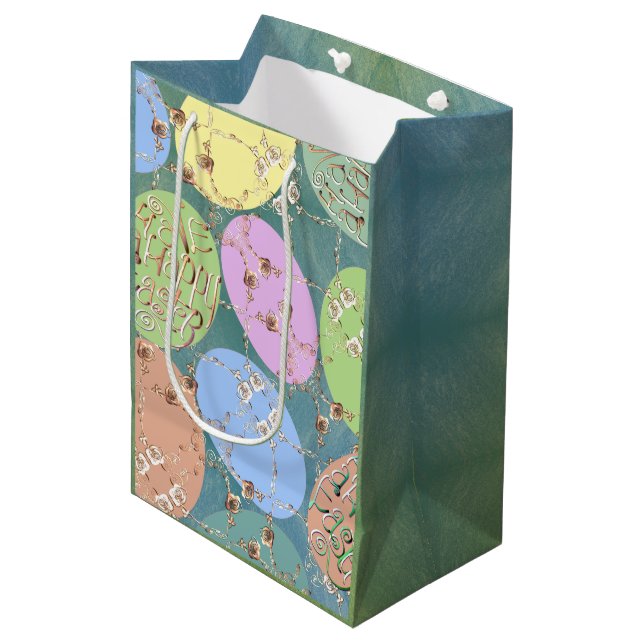 Easter Rose Eggs on Blue Green Wrapping Paper Medium Gift Bag (Front Angled)