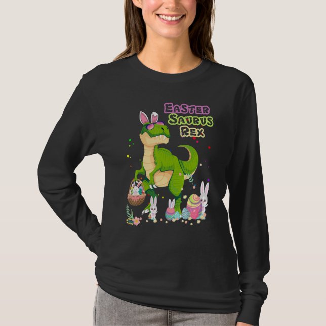 Easter Saurus Rex Dinosaur T Rex Bunny Basket Eggs T-Shirt (Front)