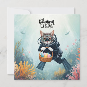 Easter Scuba Diver Cat with egg basket under sea Holiday Card