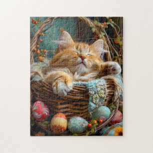 Easter Season Cute Cat Sleeping in Wicker Basket Jigsaw Puzzle