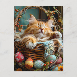 Easter Season Cute Cat Sleeping in Wicker Basket Postcard