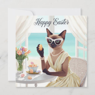Easter Siamese cat with eggs in house by seaside Holiday Card