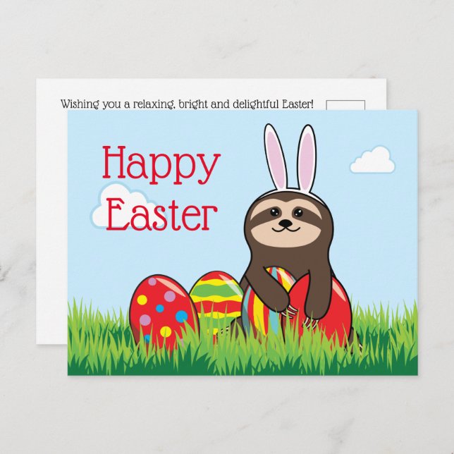 Easter Sloth w Bunny Ears & Eggs Happy Easter Holiday Postcard (Front/Back)