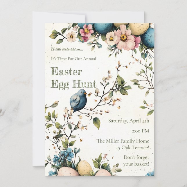 Easter Spring Birds Pastel Eggs Watercolor Floral Invitation (Front)