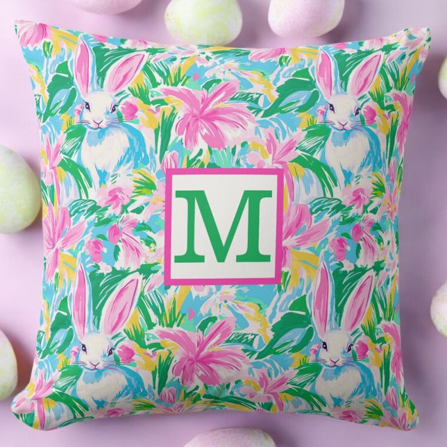 Easter Spring Bunnies Flowers Preppy Monogram Cushion (Creator Uploaded)