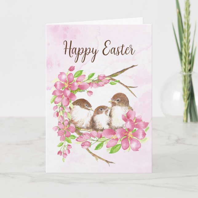 Easter, Spring , Cherry Blossom, Sparrows, Bird Holiday Card (Front)