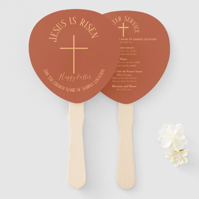 Easter Sunday Terracotta Colour Church Service Hand Fan (Front and Back)