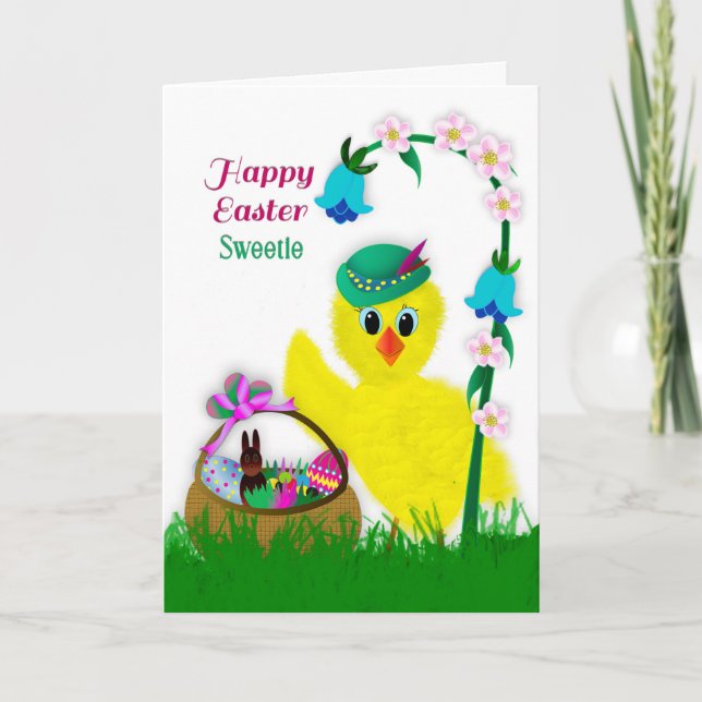 EASTER Sweetie Yellow Chick with Easter Basket  Holiday Card (Front)