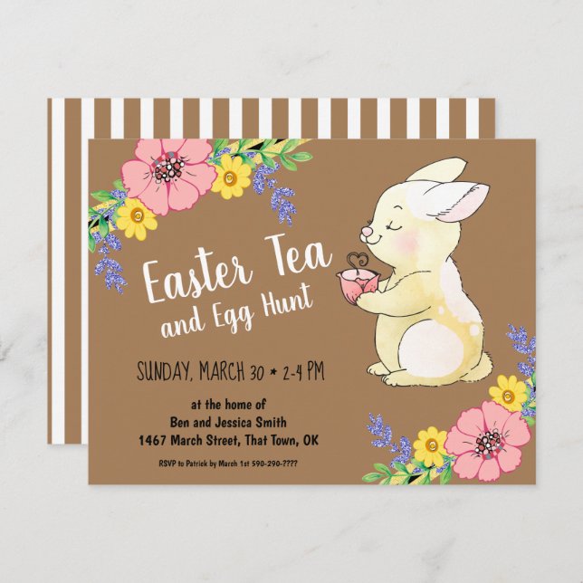 Easter Tea and Egg Hunt Spring Bunny Brown Invitation (Front/Back)