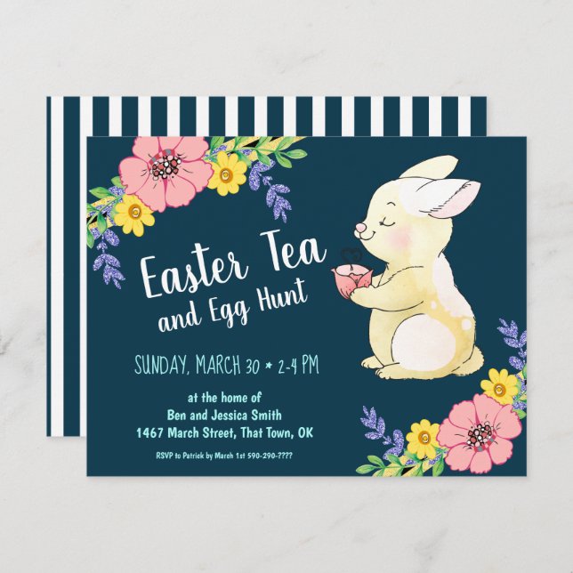 Easter Tea and Egg Hunt Spring Bunny Navy Invitation (Front/Back)