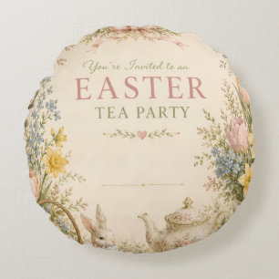 Easter Tea Party , Vintage Floral Celebration Round Cushion