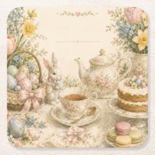 Easter Tea Party , Vintage Floral Celebration Square Paper Coaster