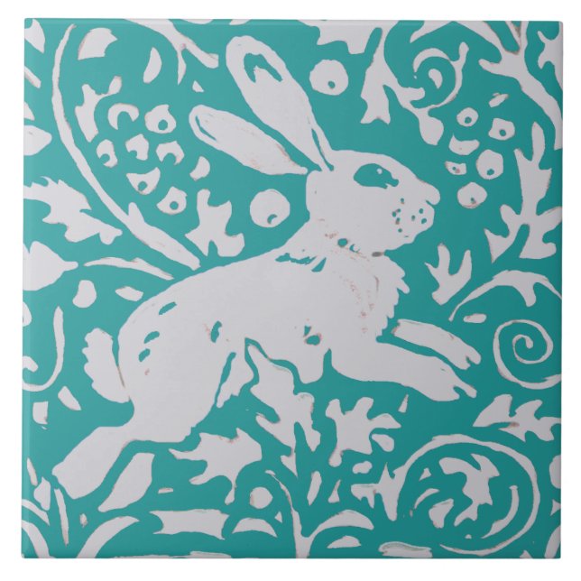 Easter Teal Blue Rabbit Bunny Floral Nature Animal Tile (Front)