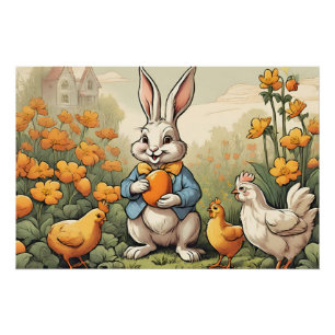 Easter Time Bunny, Chicken Vintage Illustration Poster