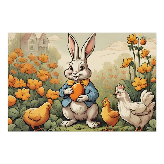 Easter Time Bunny, Chicken Vintage Illustration  Poster (Front)