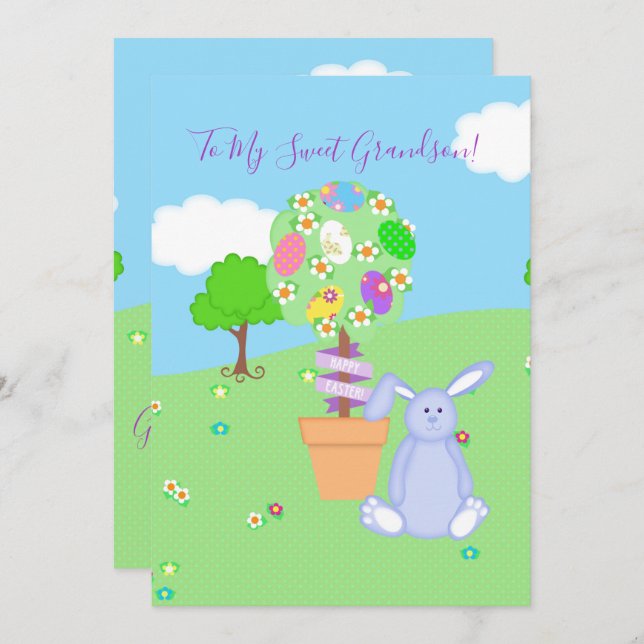 Easter Topiary Blue Bunny Grandson Holiday Card (Front/Back)