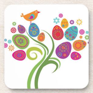 Easter tree with coloured eggs and flowers coaster