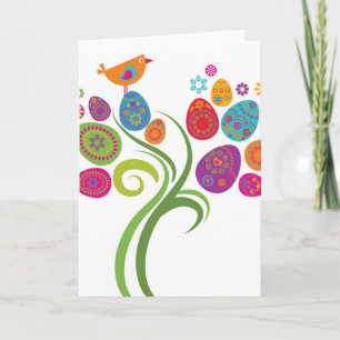Easter tree with coloured eggs and flowers holiday card