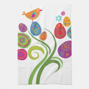 Easter tree with coloured eggs and flowers tea towel