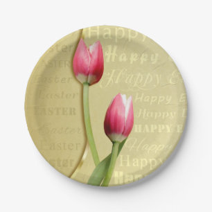 Easter Tulips Gold Typography Paper Plate