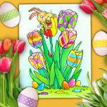 Easter Tulips with Bunny Postcard<br><div class="desc">In this cute Easter illustration,  a tiny easter bunny sits in a tulip,  painting it with easter egg patterns. Around it are other tulips he has already painted in colorful stripes,  dots and waves. Send this cute card to friends and family to wish them a Happy Easter.</div>