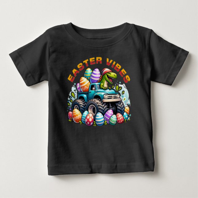 Easter Vibes Dino on Monster Truck with Easter Egg Baby T-Shirt (Front)