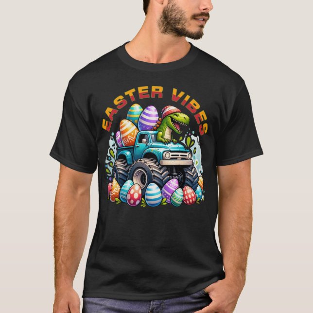 Easter Vibes Dino on Monster Truck with Easter Egg T-Shirt (Front)