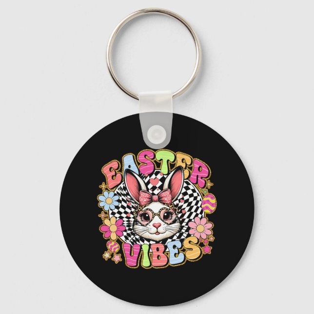 Easter Vibes Floral Bunny Rabbit Egg Coquette Bow  Key Ring (Front)