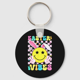 Easter Vibes Retro Groovy Bunny Rabbit Ears Women Key Ring