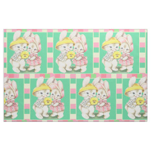 Easter Vintage Bunnies Rabbits Plaid Trim 9" Fabric