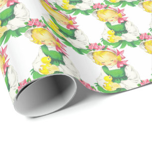 Easter Vintage Girl with Easter Chick Wrapping Paper