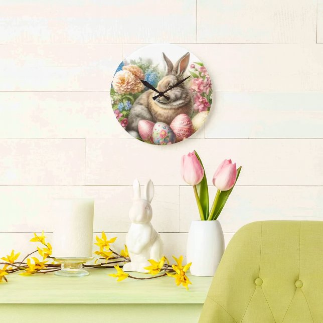  Easter Vintage Rabbit Round Wall Clock (Vintage Easter-themed wall clock featuring a rabbit and colorful eggs.)