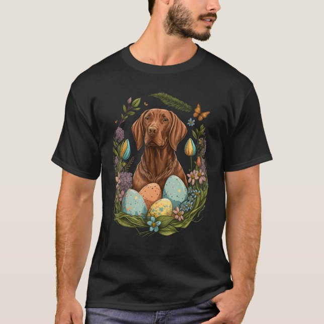 Easter Vizsla Bunny Eggs Dog on Easter Vizsla T-Shirt (Front)