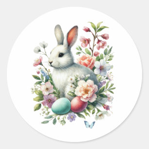 Easter Watercolor Bunny, Eggs & Flowers Classic Round Sticker