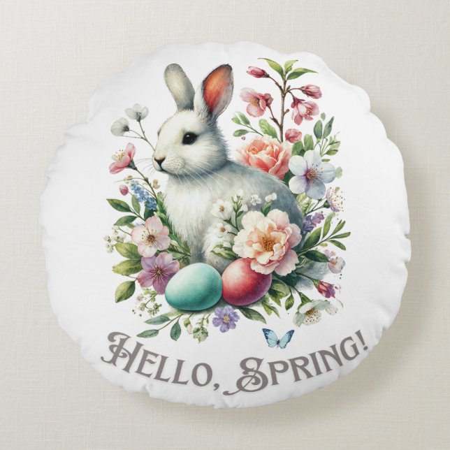 Easter Watercolor Bunny & Eggs Round Cushion (Front)