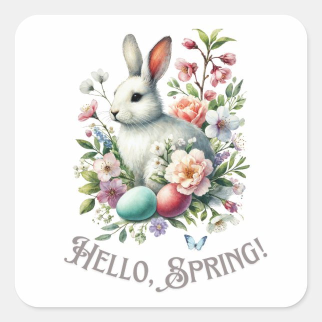 Easter Watercolor Bunny & Eggs Square Sticker (Front)
