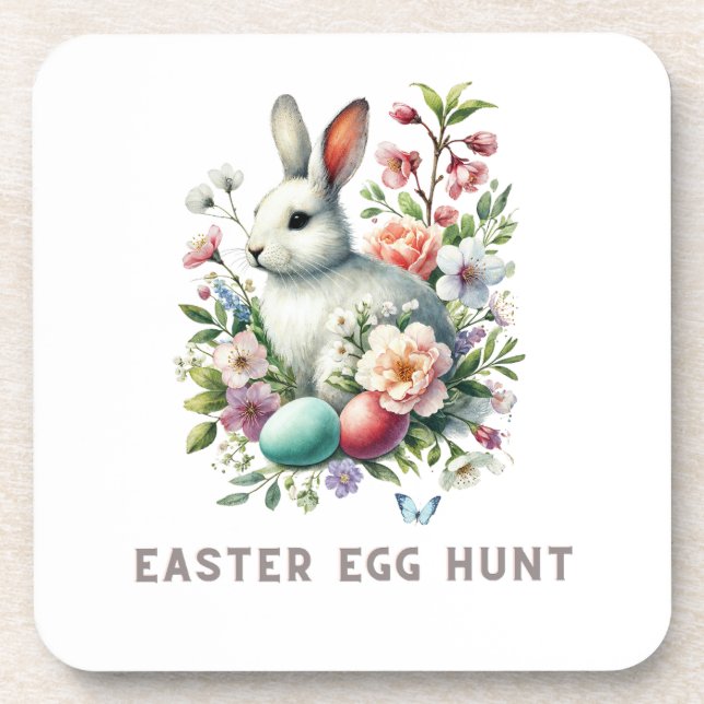 Easter Watercolor Bunny & Flowers Coaster (Front)