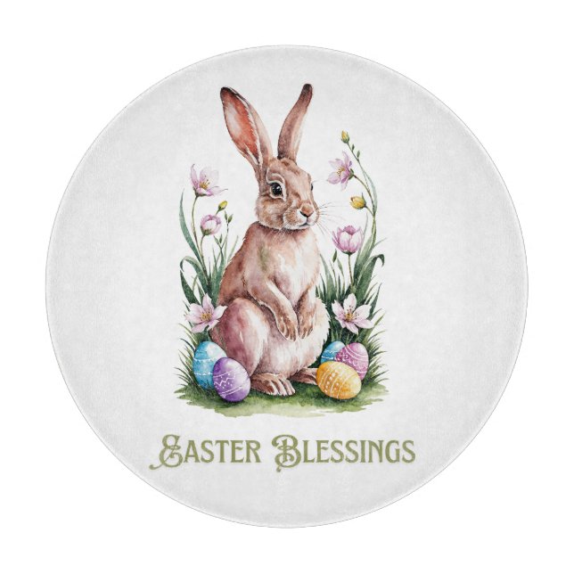 Easter Watercolor Bunny & Flowers Cutting Board (Front)