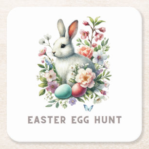 Easter Watercolor Bunny & Flowers Square Paper Coaster