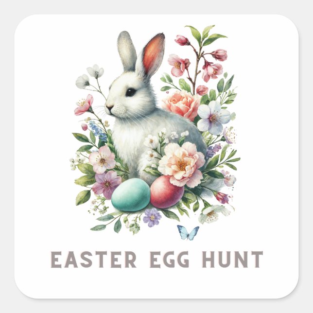 Easter Watercolor Bunny & Flowers Square Sticker (Front)
