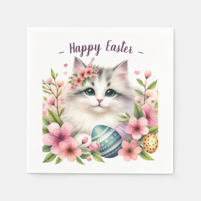 Easter Watercolor Cat Eggs and Flowers -   Napkin (Front)