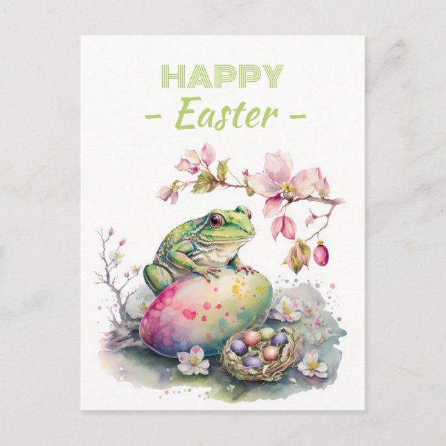 Easter Watercolor Green Frog Eggs & Flowers -   Postcard (Front)