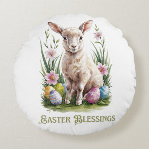 Easter Watercolor Lump & Flowers Round Cushion