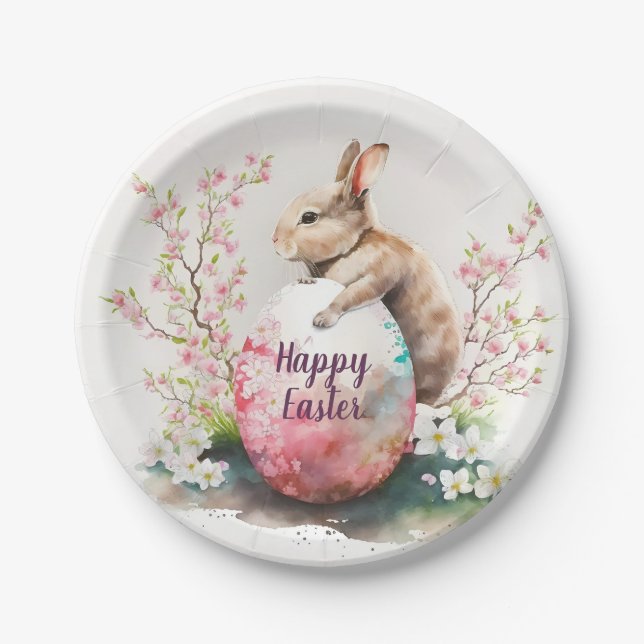 Easter Watercolor Rabbit Egg and Flowers -   Paper Plate (Front)