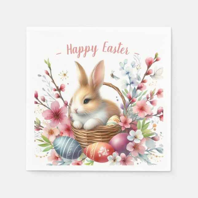 Easter Watercolor Rabbit Eggs and Flowers -   Napkin (Front)