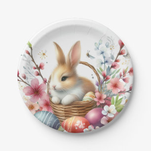 Easter Watercolor Rabbit Eggs and Flowers - Paper Plate