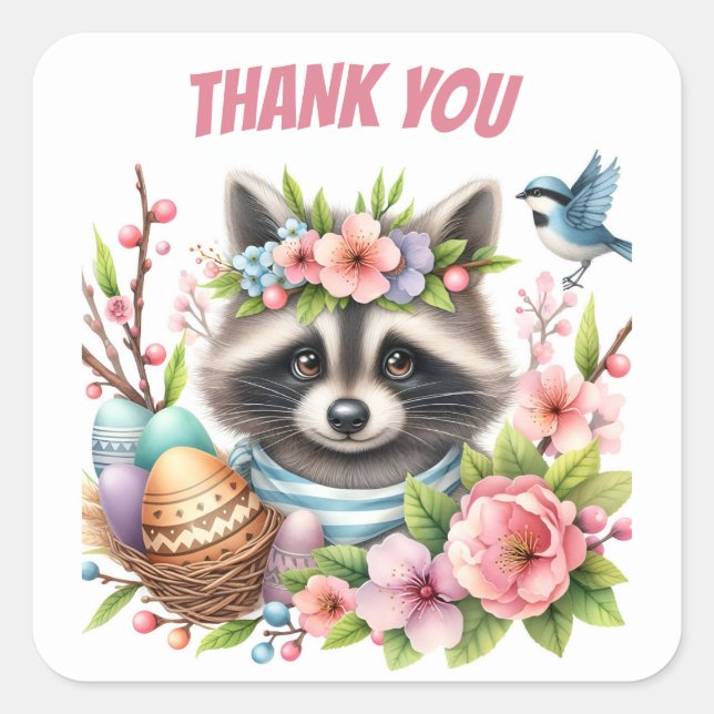 Easter Watercolor Racoon Eggs and Flowers -   Square Sticker (Front)